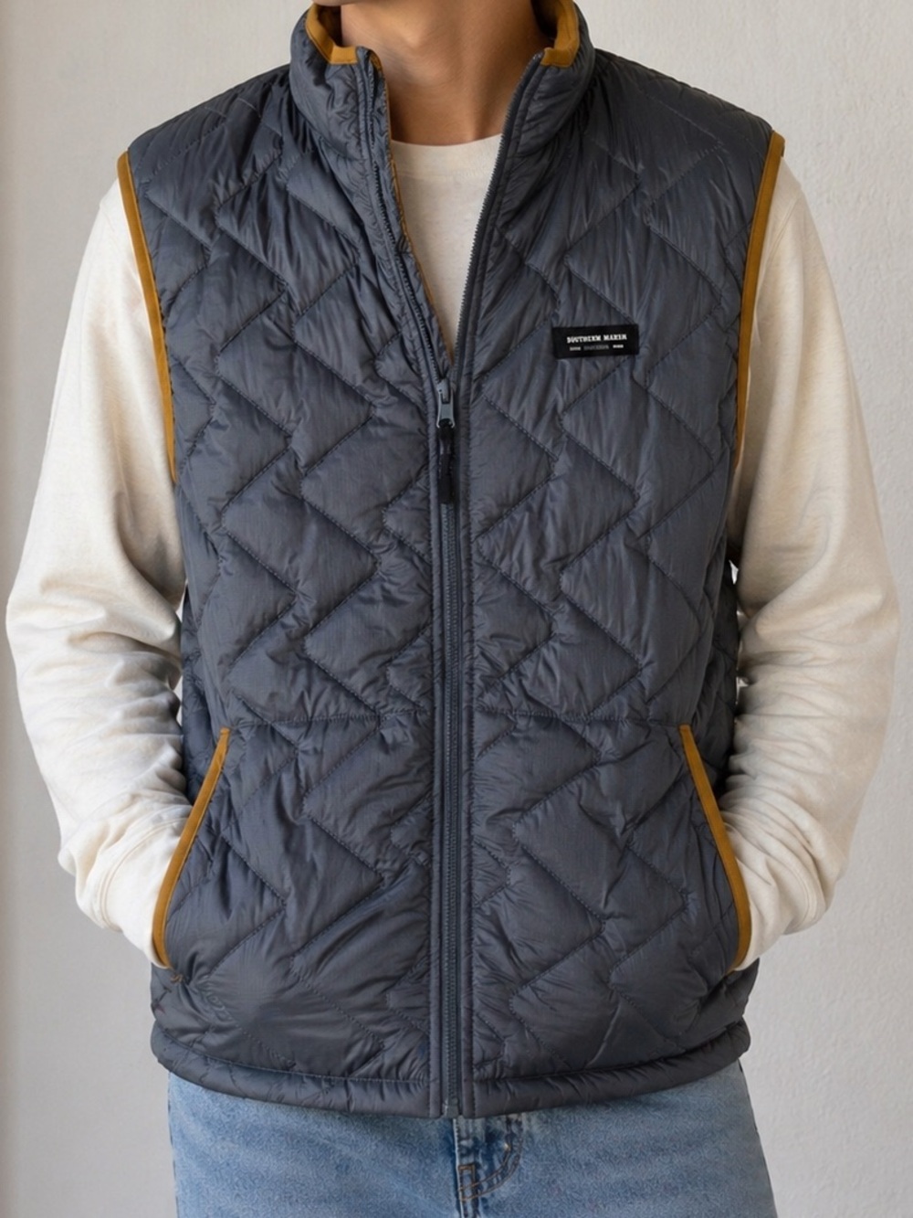 Southern Marsh Men's Quilted Sleeveless Jacket Vest - Gray with Tan Trim